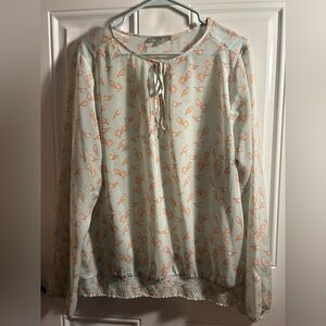 Downeast Basics mint green peach bird print v-neck keyhole tie neck top